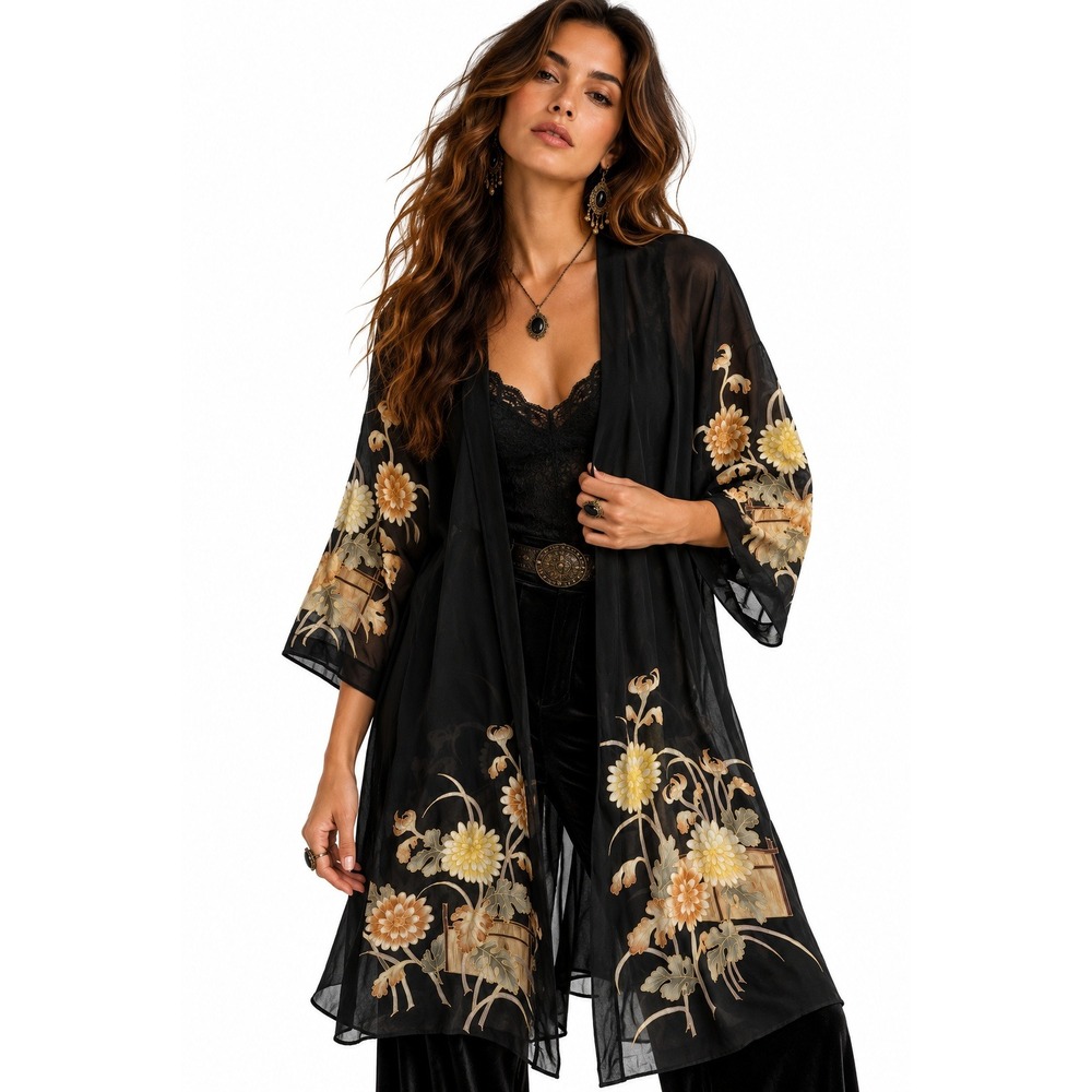 Silk Floral Kimono Wrap Duster Cardigan Sheer Long Robe OS Dark Romantic Boho